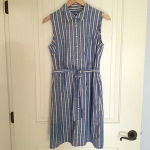 Tommy Hilfiger Button Front Cotton Sleeveless Shirt Dress Self Belt Blue Size 8